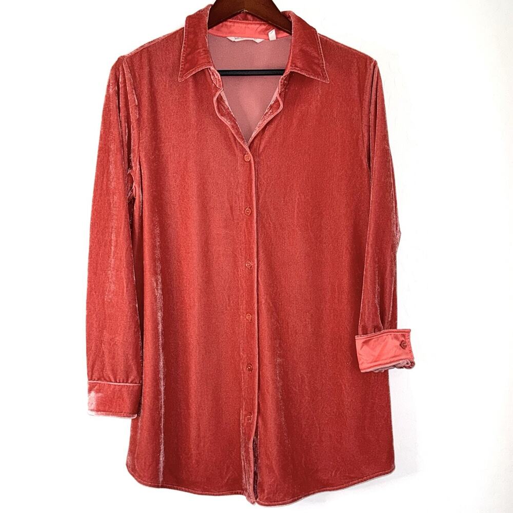 Soft Surroundings Women's Crushed Velvet Boyfriend Shirt Size Medium Orange/Rust